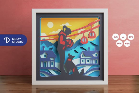 Download Woman and Dog in the Winter 3D Shadowbox - Winter Collection