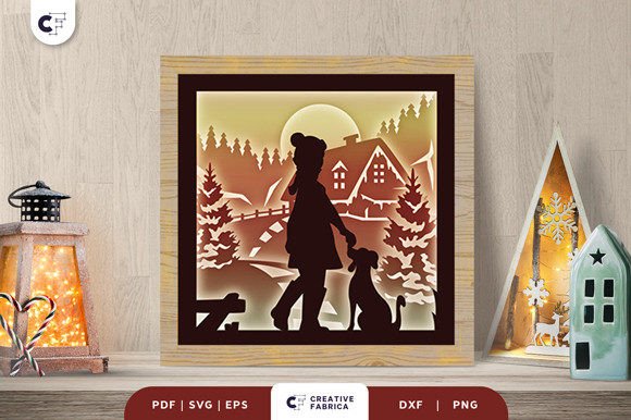 Download Girl and Dog in Winter 3D Shadow Box SVG - Winter Collection
